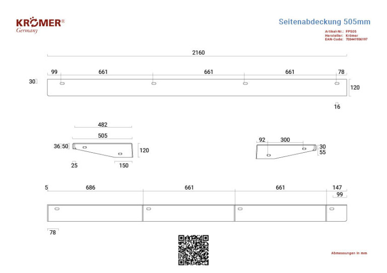 Technische Zeichnung einer optionalen Seitenverkleidung für eine 4-Säulenhebebühne mit einer Gesamtlänge von 2160mm.