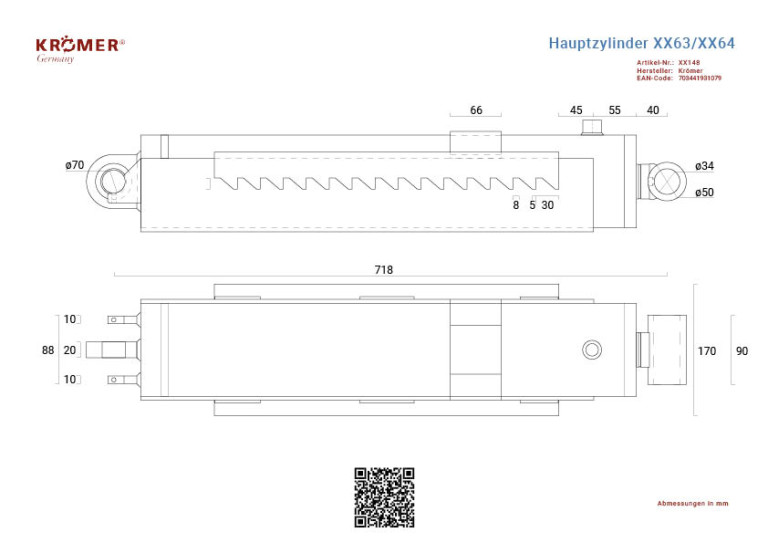 Technische Zeichnung eines Hydraulik Hauptzylinders mit einer Gesamtbreite von 170mm
