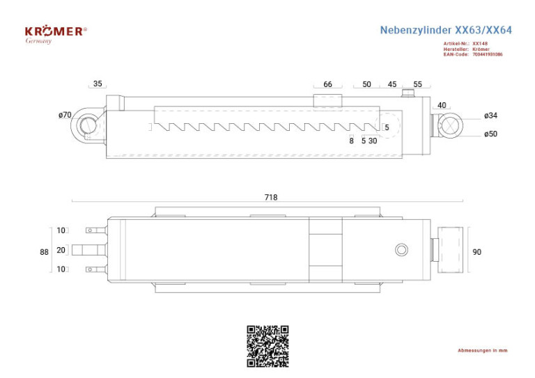 Technische Zeichnung eines Hydraulikzylinders für Doppelscherenhebebühnen mit einer Gesamtlänge von 718mm.